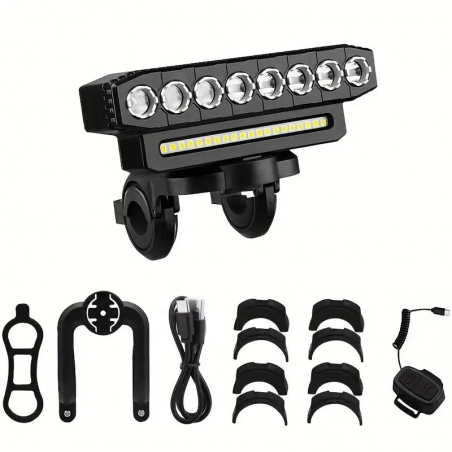 Feu Avant Vélo 8 LED + MSD + Klaxon + Chargement Téléphone / Rechargeable USB