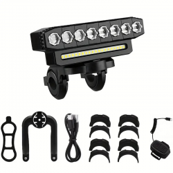 Feu Avant Vélo 8 LED + MSD + Klaxon + Chargement Téléphone / Rechargeable USB