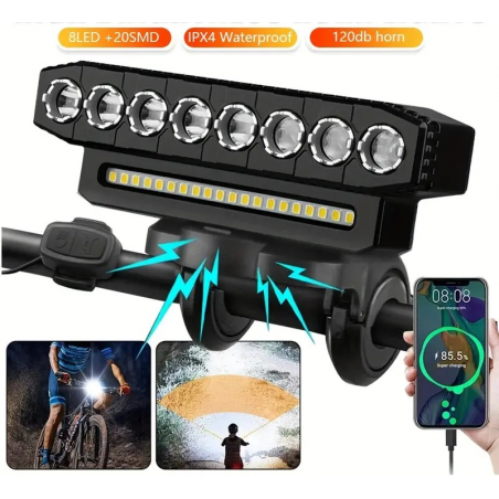 Feu Avant Vélo 8 LED + MSD + Klaxon + Chargement Téléphone / Rechargeable USB