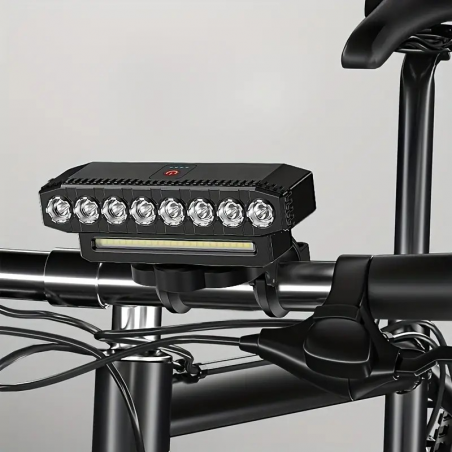 Feu Avant Vélo 8 LED + MSD + Klaxon + Chargement Téléphone / Rechargeable USB