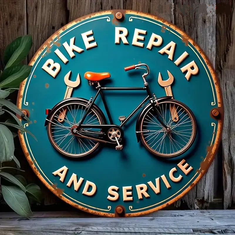 Plaque Murale Métal Ronde "BIKE REPAIR SERVICE" Art Déco Vintage
