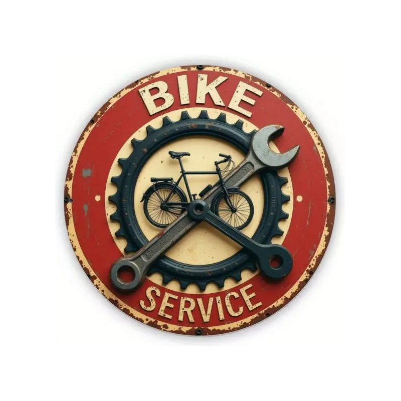 Plaque Murale Métal Ronde "BIKE SERVICE" Art Déco Vintage
