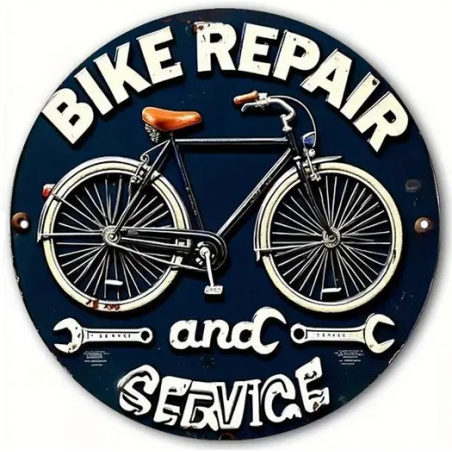 Plaque Murale Métal Ronde "BIKE REPAIR and SERVICE" Art Déco Vintage