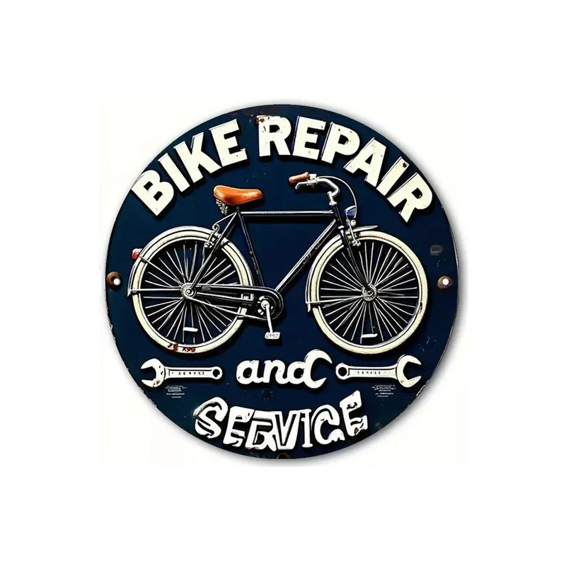 Plaque Murale Métal Ronde "BIKE REPAIR and SERVICE" Art Déco Vintage
