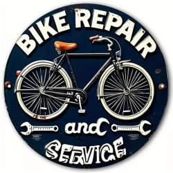 Plaque Murale Métal Ronde "BIKE REPAIR and SERVICE" Art Déco Vintage
