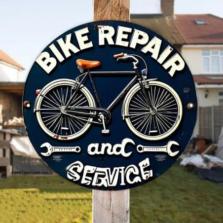 Plaque Murale Métal Ronde "BIKE REPAIR and SERVICE" Art Déco Vintage