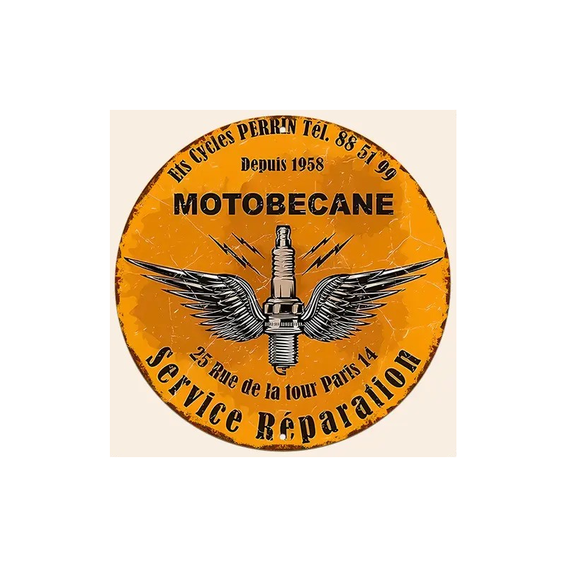 Plaque Murale Métal Ronde "MOTOBECANE Service Réparation" Art Déco Vintage