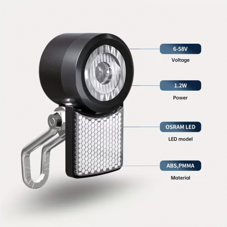 Phare Avant LED 20 Lux Vélo Electrique avec fixation + réflecteur
