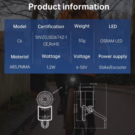 Phare Avant LED 20 Lux Vélo Electrique avec fixation + réflecteur
