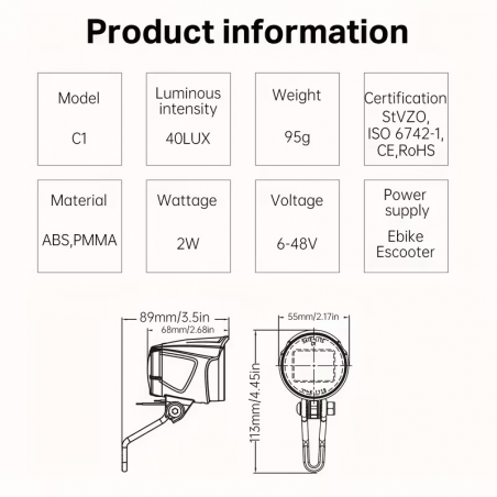 Phare Avant LED 40 Lux Vélo Electrique avec fixation