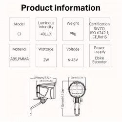 Phare Avant LED 40 Lux Vélo Electrique avec fixation