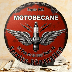 Plaque Murale Métal Ronde "MOTOBECANE Service Réparation" Art Déco Vintage