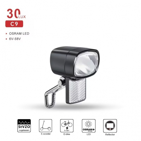 Phare Avant LED 30 Lux Vélo Electrique avec fixation + réflecteur