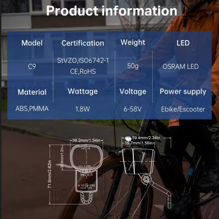 Phare Avant LED 30 Lux Vélo Electrique avec fixation + réflecteur