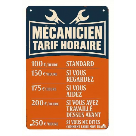 Plaque Murale Métal "TARIF MECANICIEN" Art Déco Vintage