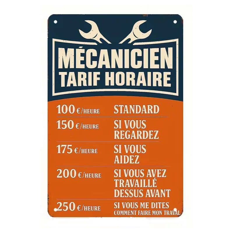 Plaque Murale Métal "TARIF MECANICIEN" Art Déco Vintage
