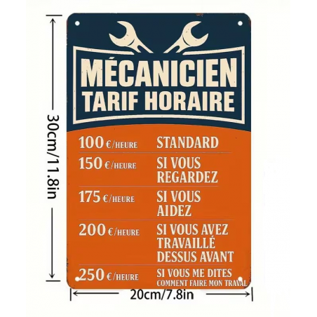 Plaque Murale Métal "TARIF MECANICIEN" Art Déco Vintage